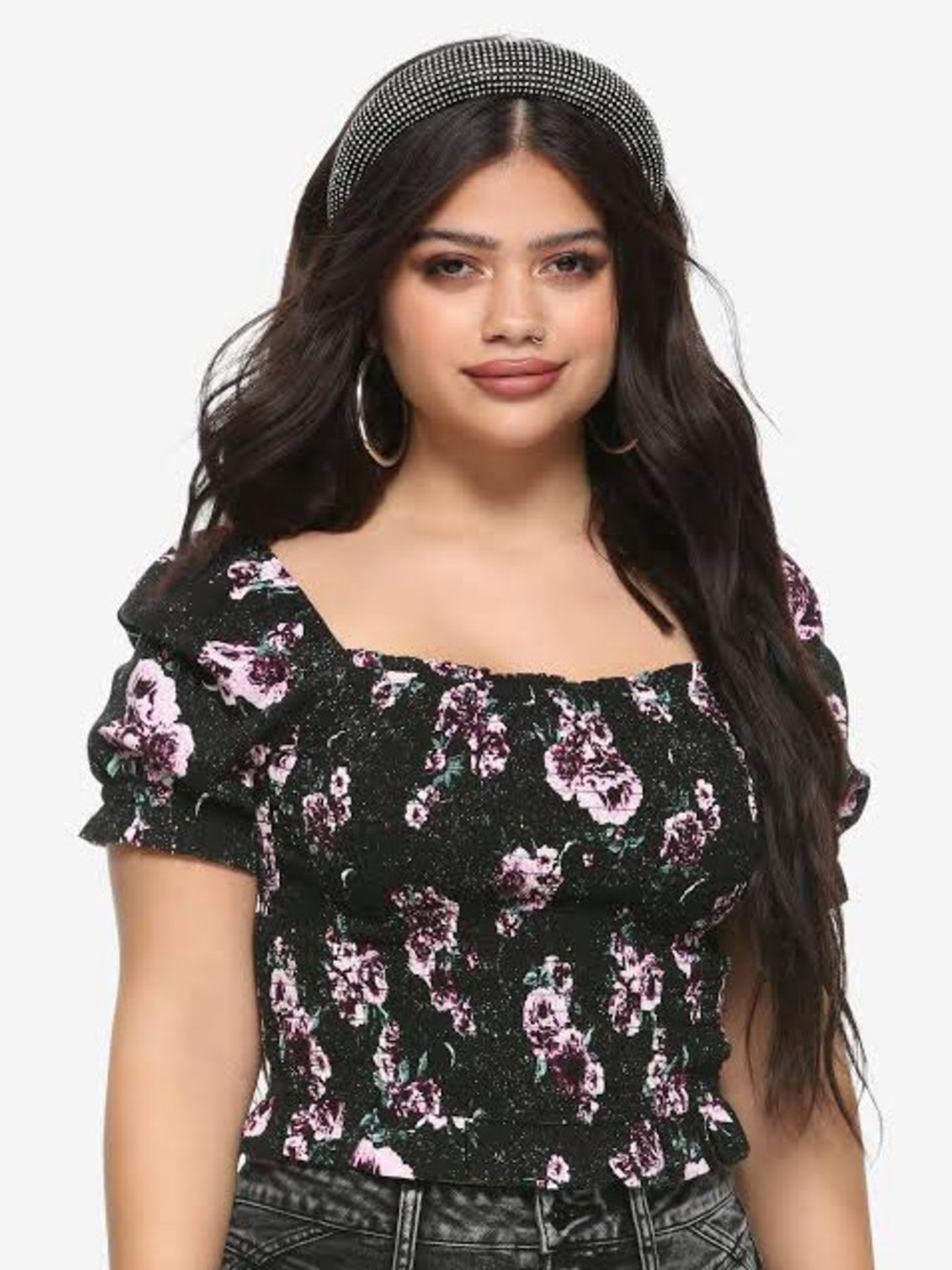 Hot Topic Moon & Roses Smocked Crop Top - Black Floral Celestial Goth - Sz S